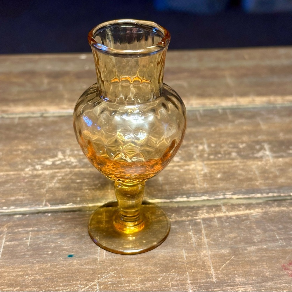 Vintage Hand Blown Amber Gold Optic Art Glass Stemmed Pedestal Mini Bud Vase 4"